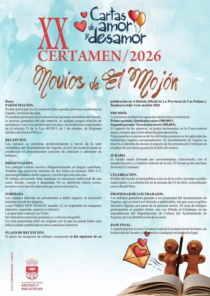 El Ayuntamiento de Teguise convoca el XX Certamen de Cartas de Amor y Desamor “Novios de El Mojón” 2026